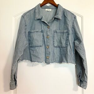 no comment cropped raw-hem collar button-up dual chest pockets denim shirt Sz XL
